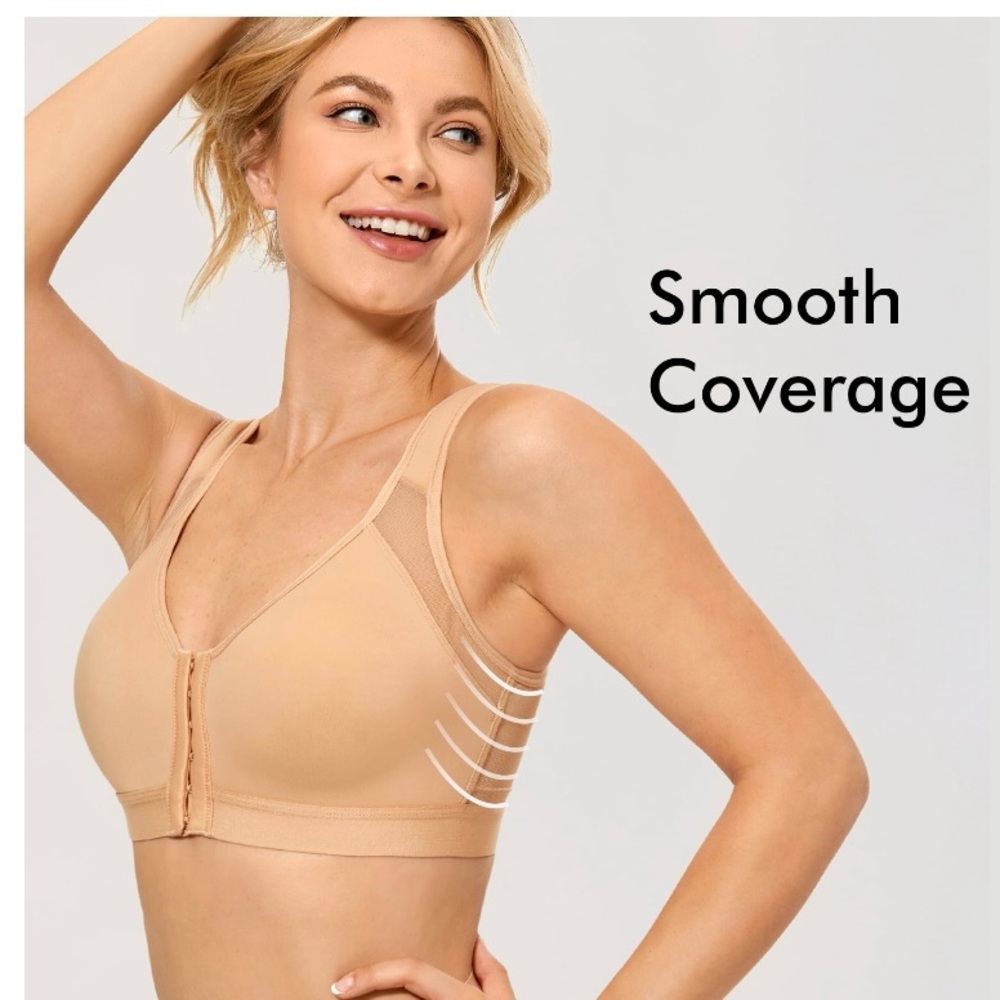Delimira Womens Front Closure Posture Wire Free Full Coverage Bra Nude size 42DD
